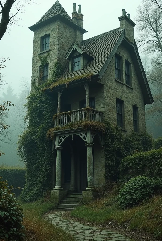 Stone house with a tall, crooked tower, the whole building is covered in ivy and nettles. There is a balcony on the second floor that appears to have a railing made of thick roots instead of iron.. And there&#39;s a curtain of finer fillets hanging there, like a thin beard full of dirt. There is a certain incongruity to the property that seems to have been created to make it charming., but it only serves to make her look sinister