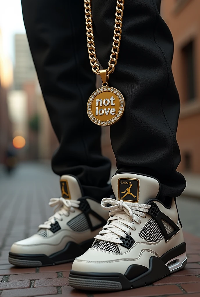 A Cuban diamond chain and a medal with letters that says NOT LOVE on a retro Jordan retro 4