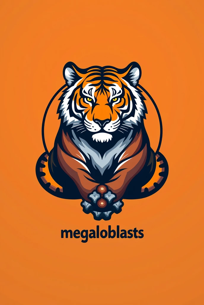 A tiger logo with the name megaloblasts , It has to be a logo related to medicine , Also add the medicine logo, with an orange background