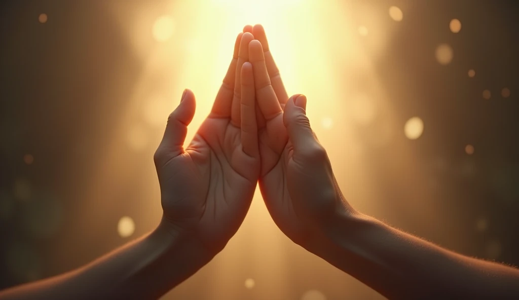 Ultra realistic image of hands touching palms and fingers straight up, united in prayer, with a soft light shining from behind, symbolizing the connection with the divine, convey depth