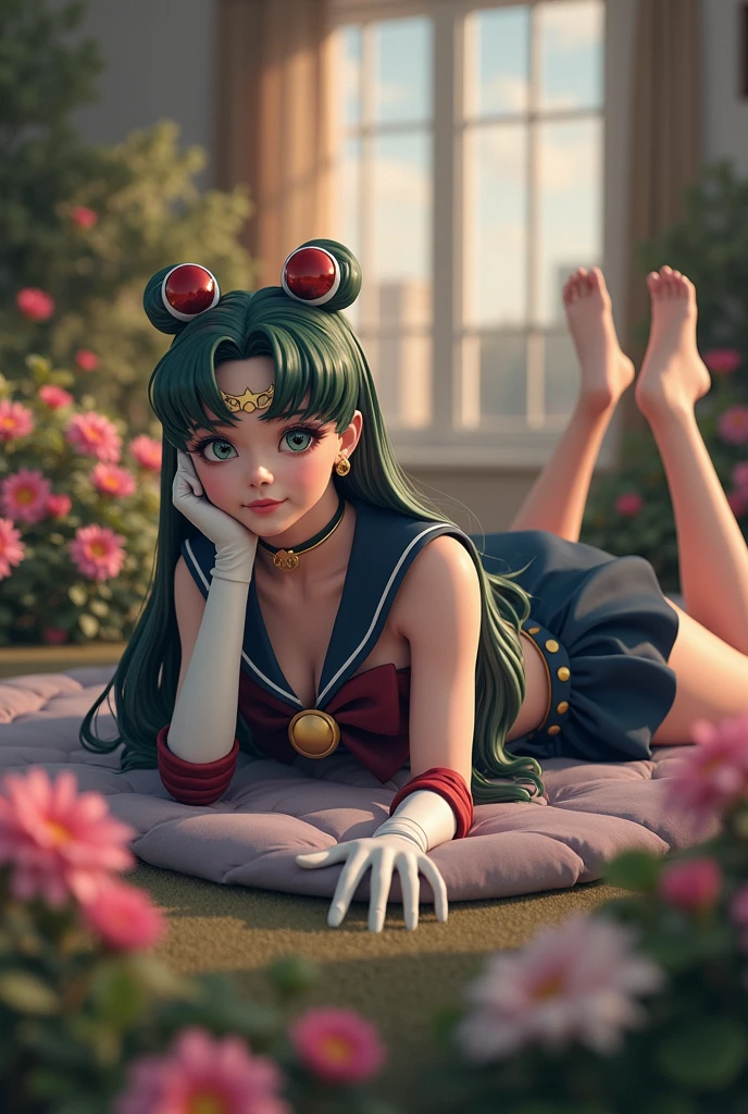 (Extreme Detail CG Unity 8K wallpaper, masterpiece, highest quality), (exquisite lighting and shadow, highly dramatic picture, cinematic lens effect), (Sailor Moon: 1.4), delicate facial features, charming smile, star eyes, ((dark green hair)), tight top, white gloves, mini skirt, dynamic pose, lying in the garden), (background in a garden full of flowers) (excellent detail, outstanding lighting, wide angle), (excellent rendering, enough to be proud of its kind),