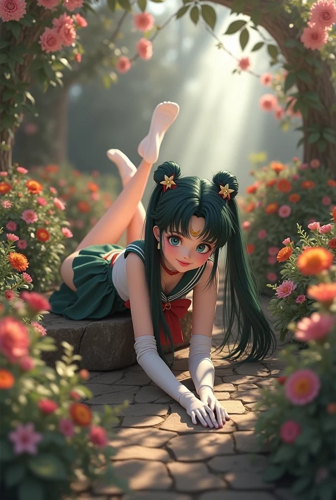 (Extreme Detail CG Unity 8K wallpaper, masterpiece, highest quality), (exquisite lighting and shadow, highly dramatic picture, cinematic lens effect), (Sailor Moon: 1.4), delicate facial features, charming smile, star eyes, ((dark green hair)), tight top, white gloves, mini skirt, dynamic pose, lying in the garden), (background in a garden full of flowers) (excellent detail, outstanding lighting, wide angle), (excellent rendering, enough to be proud of its kind),