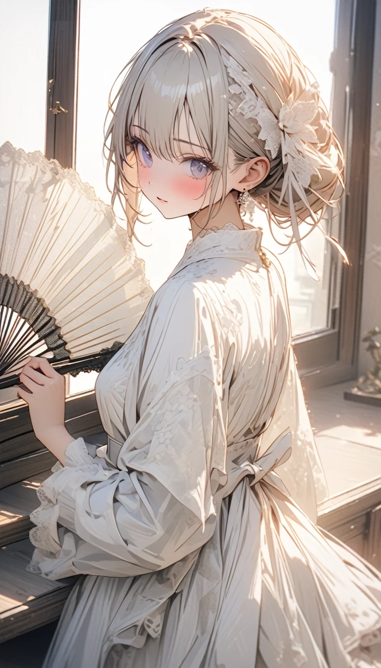 White lace折叠扇, Beautiful lace fan, Lace fan for room decoration, indoor, White lace, Very delicate lace, best quality:1.2, 4K, 8K, Very detailed, High Detail, masterpiece:1.2,