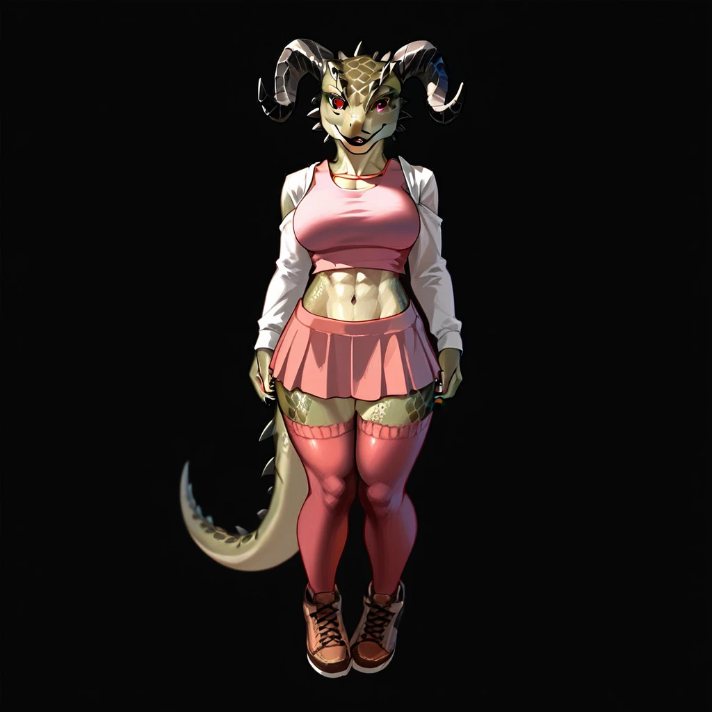 Solo, score_9,score_8_up,score_7_up, kemono style, Anthro Argonian female from skyrim, Anthro reptile girl, snout, red scaled skin, red eyes, black lips, black horns, black ram horns, athletic body, smiling, wearing brown laced tank top, pov, pov she is holding viewers face, pov she is holding viewer, simple grey background