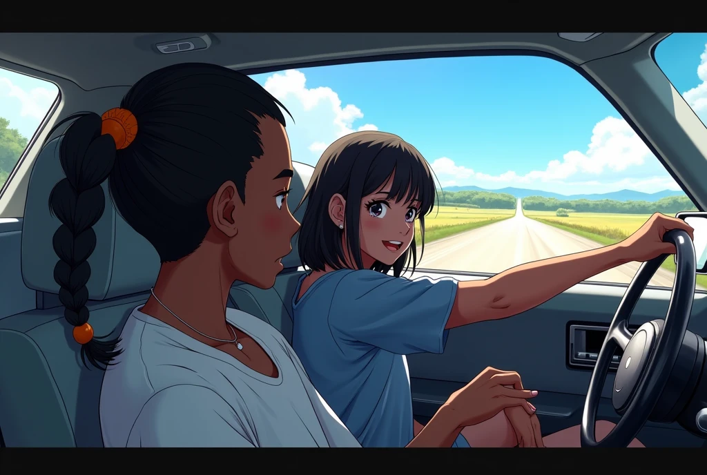 inside of a car with a road on the windshield, with a black male driver with ponytail braided hair and a black female passenger next to him in anime style
