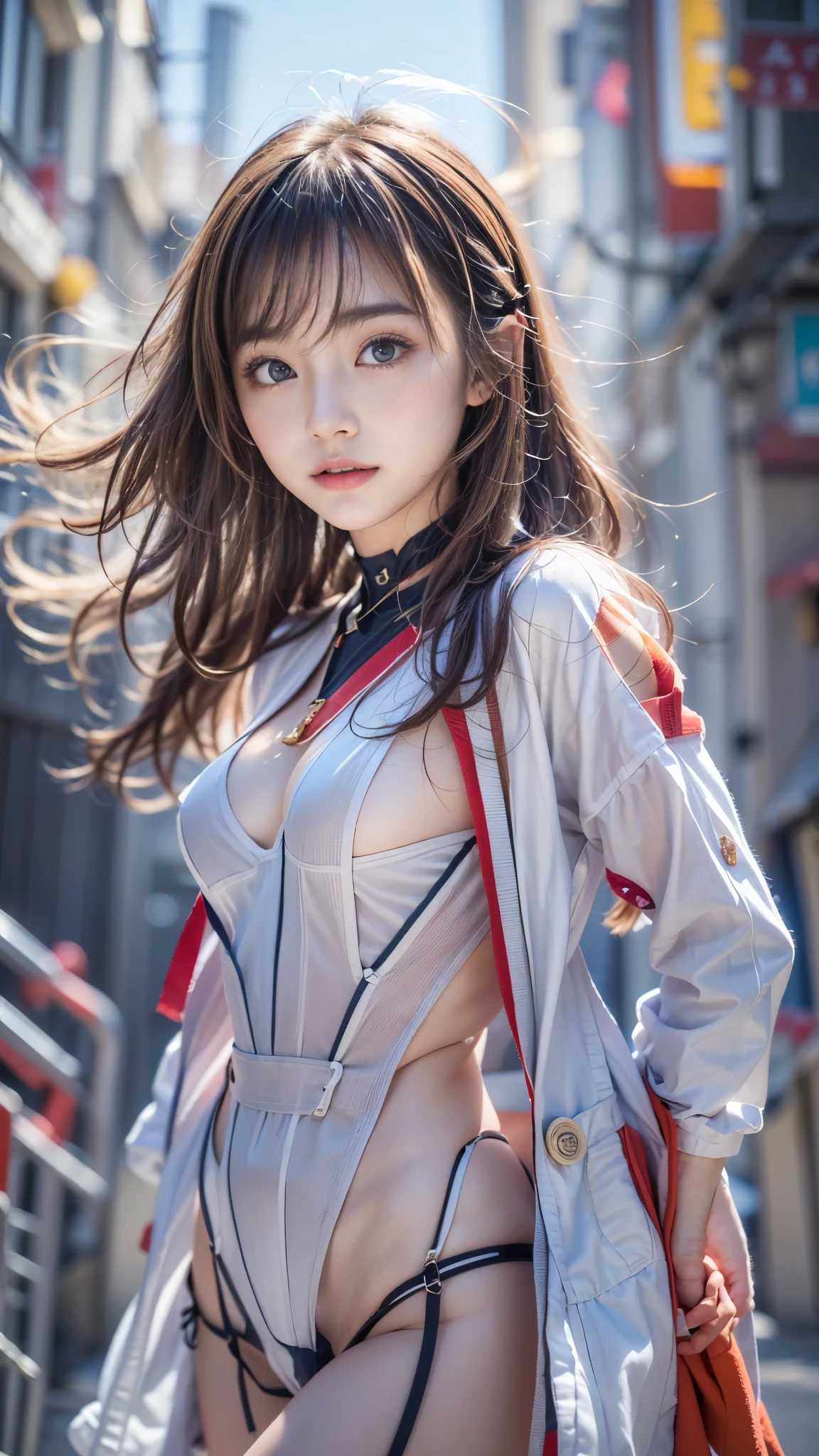 (((A pure and cute beautiful girl stands in a futuristic city:1.2))), (((Upper body portrait))), Beautiful straight hair, Short brown hair, Immersion, (Beautiful symmetrical eyes), (Thin thighs:1.2, Beautiful feet:1.2), Slender body line, ((Tight waist:1.2)), (Japanese Idols, Baby Face:1.3, high school girl, teenage), (Perfect Anatomy:1.3), Moisturizing lips, Beautiful breasts, (Highest quality、Highest quality、Masterpiece、Ultra high definition、Reality:1.37), (Detailed eyes and face:1.3、Professional photography techniques)、((Hair blowing in the wind:1.3)), (((Naked figure:1.2)))