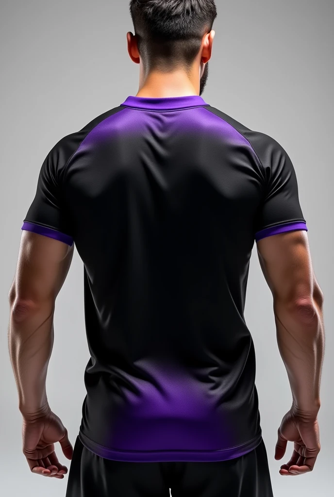 A black team jersey with a purple gradient at the bottom of the jersey, and with the purple collar too. This has great fabric.Show me the back of the same shirt