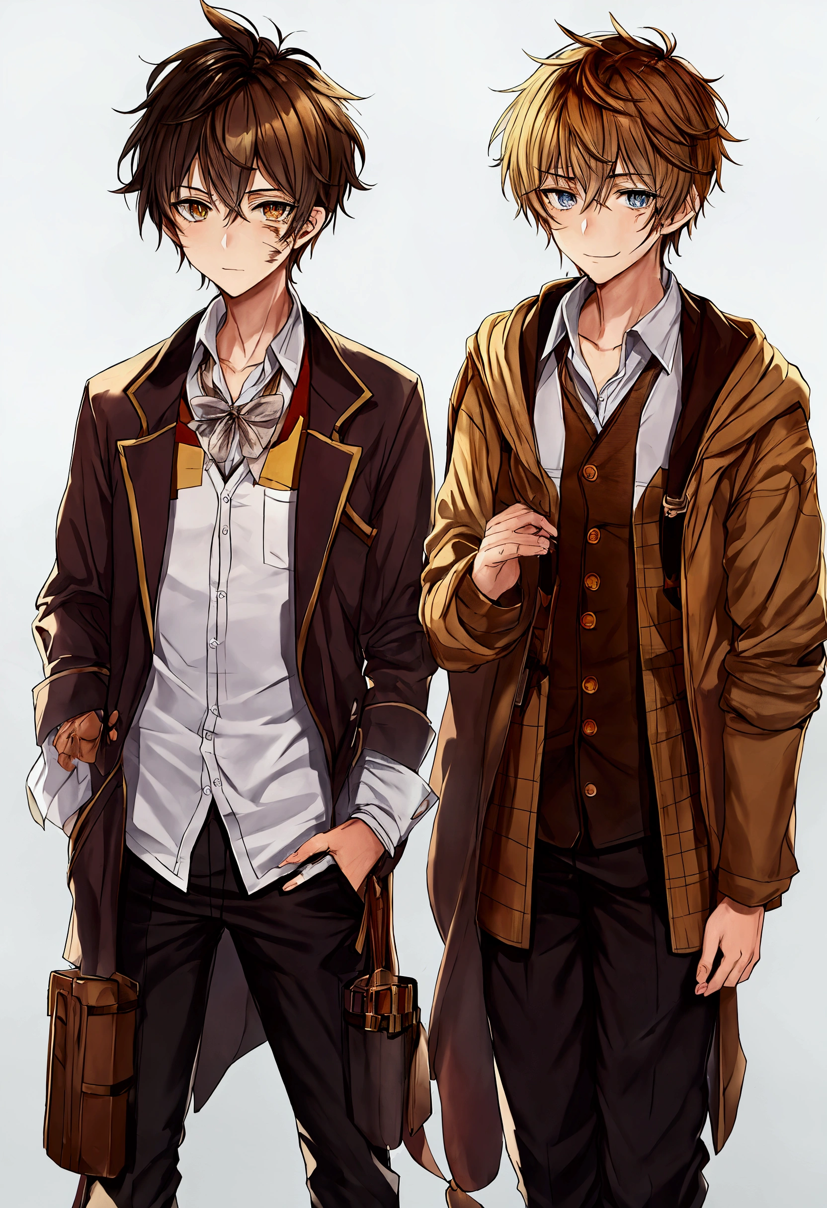 anime boy, brown hair, hazel eyes, attractive physical features, and small scars on his face. With hair like Newt Scamander