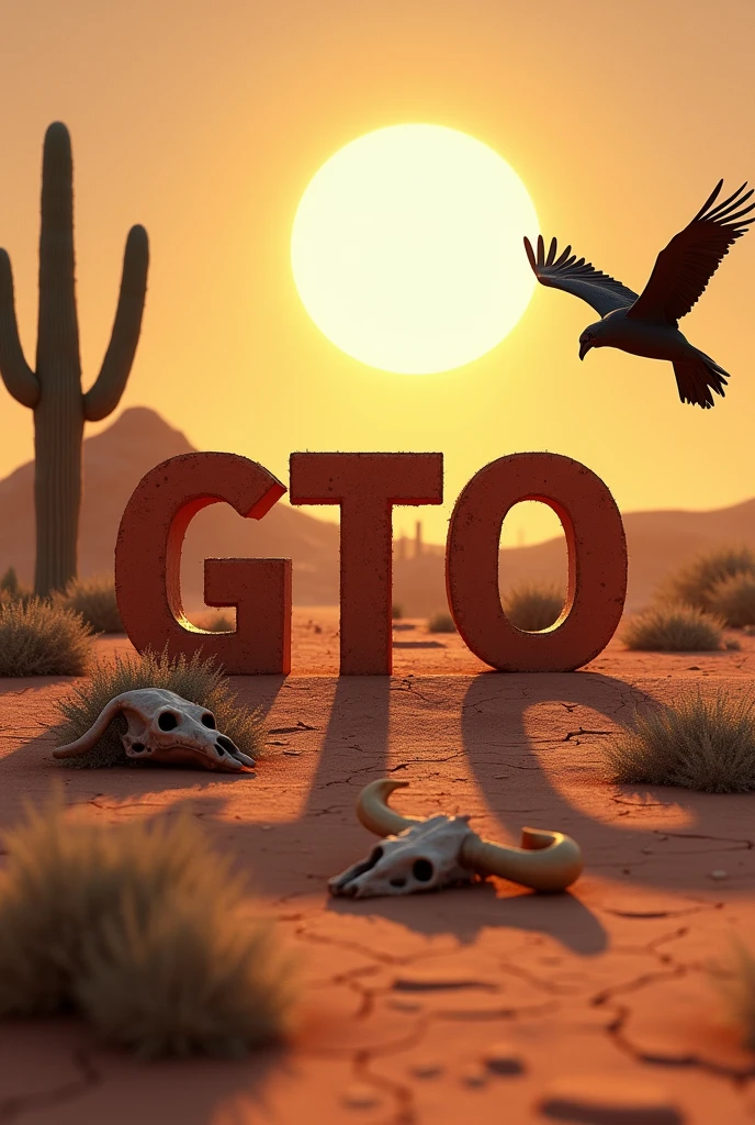 Realistic 3D image with the name GTO highlighted in the center of the image. a cactus in the background, a small horned ox skull next to the cactus and a black crested caracara flying in the sky, the dry, cracked ground of drought and a bright sun in the sky.