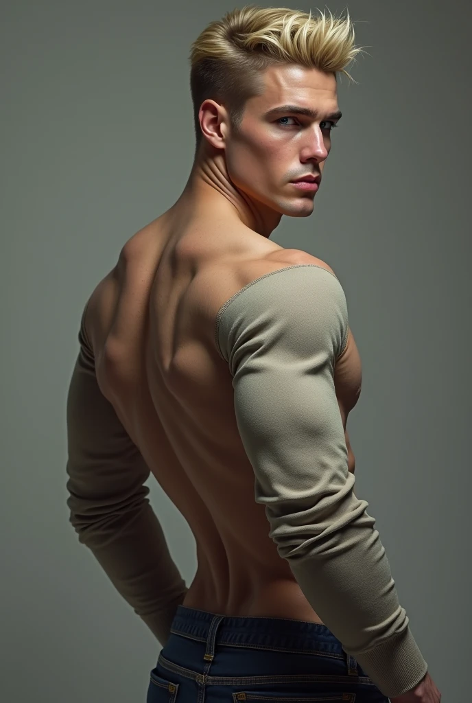 Create a young man with pale skin, serious with a very marked jaw and pronounced cheekbones. His body is athletic and he has a broad back as well as his shoulders.. Her hair is blonde and her eyes are blue. He has a long-sleeved shirt

