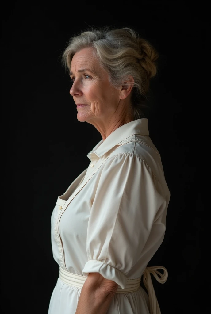 natural Caucasian little mature woman 3, dressed as a housewife, hair up, Catalog photo, slightly worried face, black background