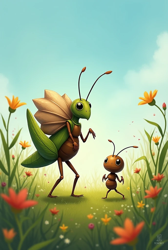 Ant and grasshoper in meadow