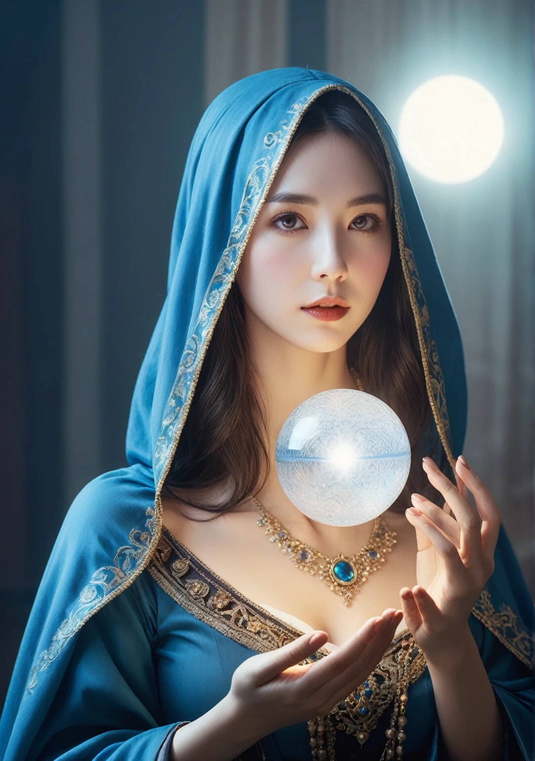 Female fortune teller. Body and face orientation: front. Charm, Beautiful and mysterious. She is wearing a blue cape、Have a clear face. Shining brightly, Filled with anxiety and anticipation. A fortune teller is standing. He is holding a slightly large crystal ball in each hand.. The lighting in the room is bright, Create a fantastic atmosphere. Best image quality, 4K or 8K resolution. Extremely fine detail、It&#39;s as real as a photo. Artistic style is、It should reflect the formula&#39;s aesthetic with bright colors and strong contrast。. The color palette should emphasize the mysterious and mystical theme of the piece.. The fortune teller&#39;s cloak is decorated with metal ornaments and intricate designs., Thickness ratio 1.5. The overall atmosphere is great、It&#39;s magical; The cloak is a symbol of the mysterious and mystical.. The fortune teller&#39;s facial expression should arouse mystical interest..