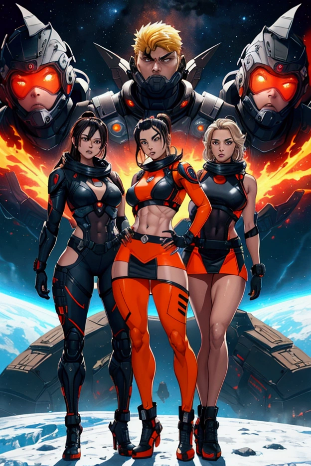 all people holding huge futuristic laser rifles in an action dynamic pose, ((Full body)), photo quality, vibrant colors, two 2womans, wearing sexy red/bluecamouflage micro mini skirt, orange mini space suite, huge breast, in a cold ice PLANET with volcanoes erupting lava and fire, nex to afuturistic modern tank, red cyberpunk futuristic army type boots with gross sole, loba andrade from apex legends, muscular body, lean muscles, body fitness, muscular legs, figthing pose, fitness build body type, huge angry face, oversized_hindquarters, amazin micro mini skirt, short, next to space ship, incredible quality, blonde, black hair, brown hair, muscular gigachad benediction, julia fuentes, wow!, high detail, high contrast, strong shade, real face shadows, unreal engine 5, blender rendering, 32k, real shade, perfect and proportioned body, working the smallest detail, provide the human figure, perfect bodys, perfect dimensions, all people on the same floor level, brigth colors