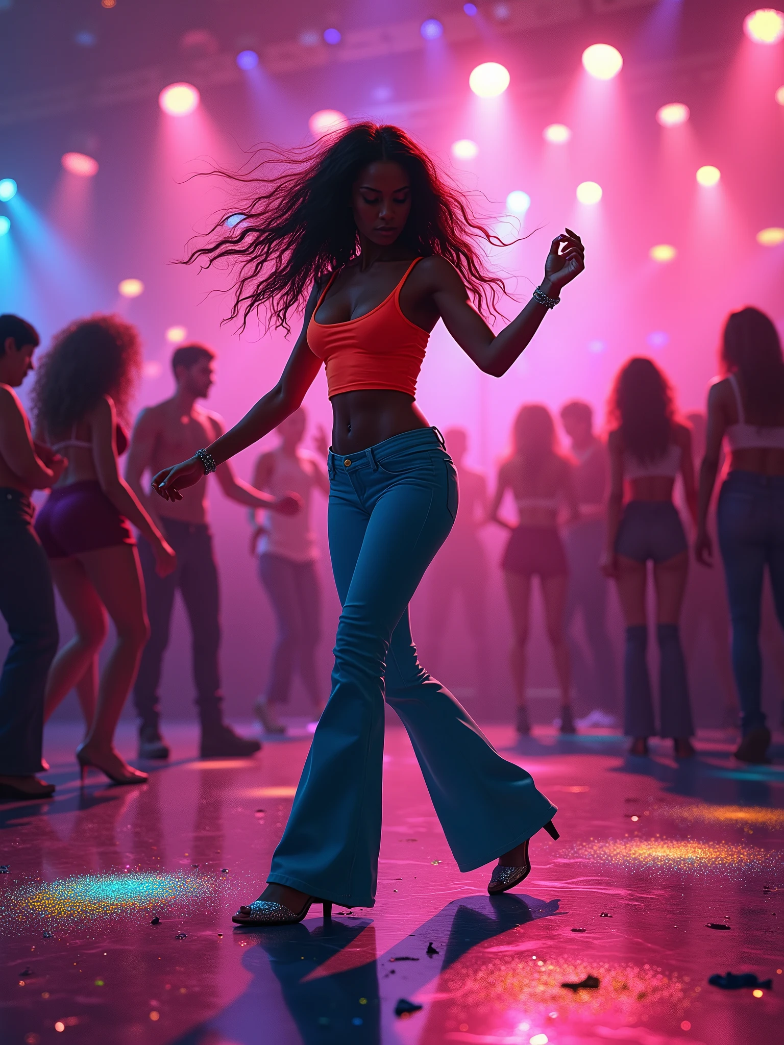 Woman dances wildly in the club, Bell-bottom pants, Neon top