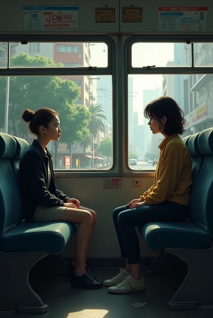 A young foreign woman sits on the bus looking out the window and suddenly meets a friend who had been living in this country for 3 years, but it is the first time they have met.