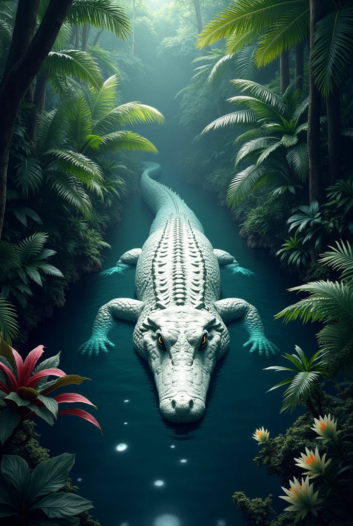 vibrant colorful jungle, dark waters, dangerous white crocodile, barely visible