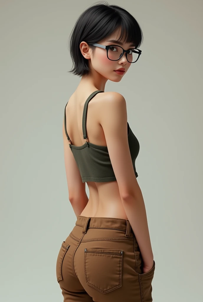 HD real girl with glasses, short hair, y brackets, in brown cargo pants, full body and back showing her ass
