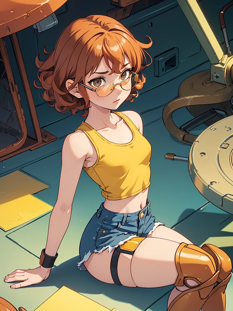 (masterpiece), (best quality), ((one girl)), sand colored skin, ((alone)),copper red hair,(brown eyes),short hair, (curly hair),anime style, freckles, (small breasts), (petite figure), (blue top),((knee pads)),legs, (desert background)), ((yellow circle glasses))