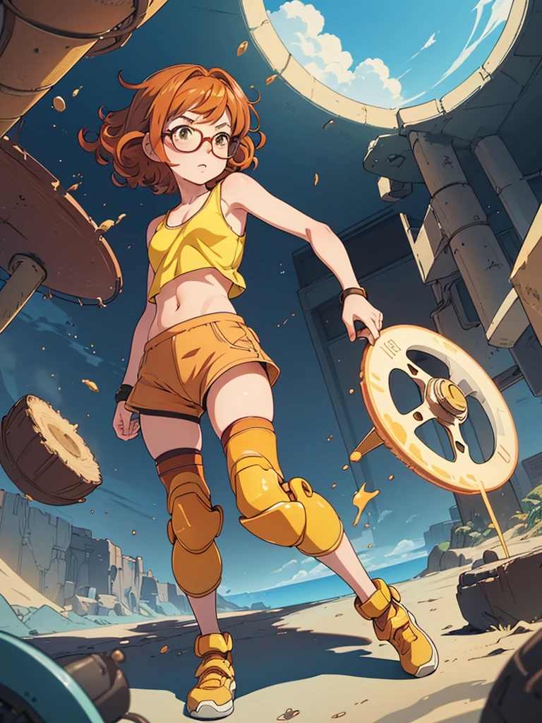 (masterpiece), (best quality), ((one girl)), sand colored skin, ((alone)),copper red hair,(brown eyes),short hair, (curly hair),anime style, freckles, (small breasts), (petite figure), (blue tank top),((knee pads)),legs, (desert background)), ((yellow circle glasses))