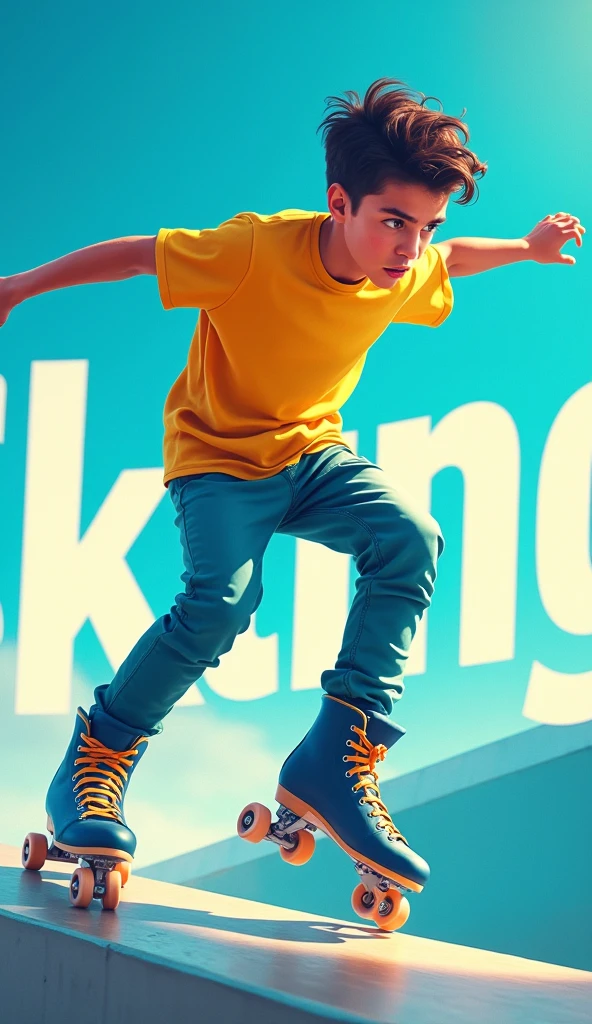 On the right side, there is a young man wearing a yellow t-shirt and roller skates, captured mid-action as he performs a skating trick. His expression is focused and intense, suggesting skill and excitement. The background behind him is a gradient of blue and white, with large, bold text partially visible, possibly spelling out the word "SKATING." The blue and white colors are bright and crisp, making the scene look vibrant and lively.