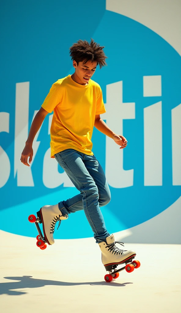 On the right side, there is a young man wearing a yellow t-shirt and roller skates, captured mid-action as he performs a skating trick. His expression is focused and intense, suggesting skill and excitement. The background behind him is a gradient of blue and white, with large, bold text partially visible, possibly spelling out the word "SKATING." The blue and white colors are bright and crisp, making the scene look vibrant and lively.