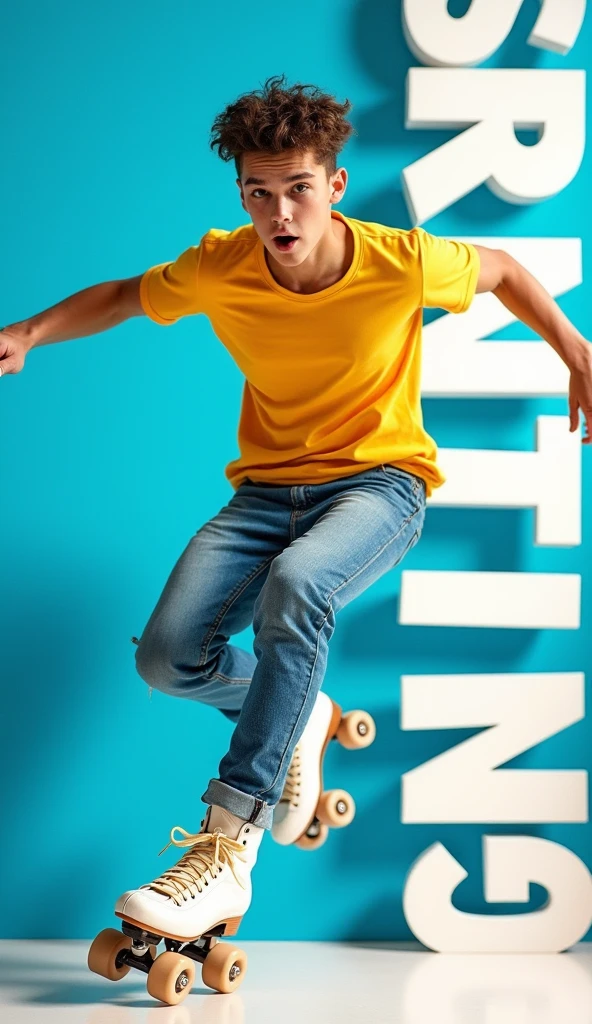 On the right side, there is a young man wearing a yellow t-shirt and roller skates, captured mid-action as he performs a skating trick. His expression is focused and intense, suggesting skill and excitement. The background behind him is a gradient of blue and white, with large, bold text partially visible, possibly spelling out the word "SKATING." The blue and white colors are bright and crisp, making the scene look vibrant and lively.
