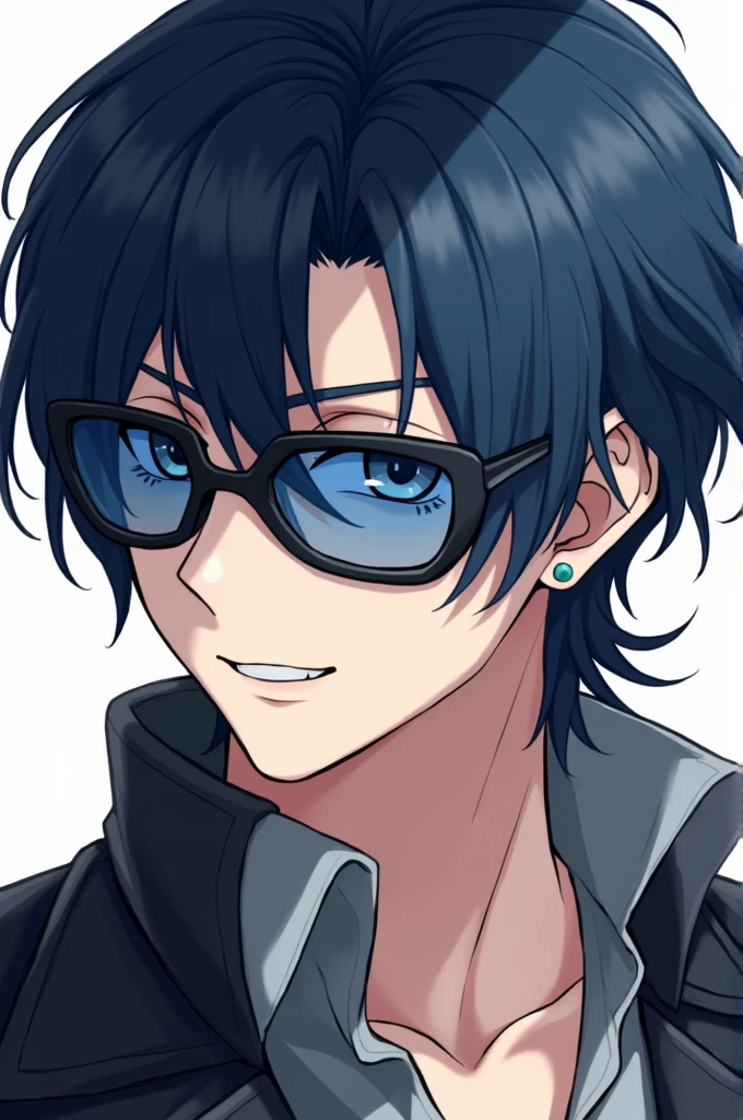 is a handsome man with midnight blue hair that is styled in pullback while leaving bangs on both sides, grey eyes and he wears square-rimmed sunglasses of blue shades. Anime