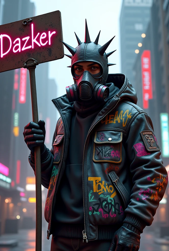 Gamer avatar wallpaper holding a spiked sign with the word DAZKER and wearing graffiti jacket with a toxic gas mask in 3D style