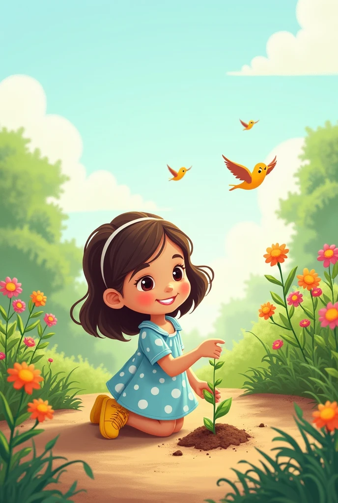 The same cheerful girl, in her light blue dress with white polka dots and yellow shoes, is now kneeling on a garden path, drawn with simple lines and soft textures, gently planting a small seedling in the soil. Her expression is focused and caring, with a hint of a smile as she tends to the new plant. The garden is full of brightly colored flowers, and the sky is still clear with a few cartoon birds flying overhead, adding a touch of whimsy.