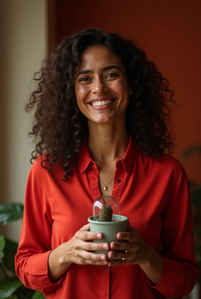A Brazilian woman in a room, wearing a simple shirt, with a close-up capturing the harmonious beauty, and happy personality, holding a very small pot of encapsulated, the arms will be visible predominant red colors,