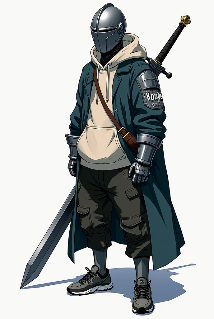 mangá second image you uploaded features a character wearing a medieval knight's helmet and gauntlets, paired with modern clothing—a hoodie and casual pants. The character is viewed from a slightly elevated angle, giving a top-down perspective. The knight also has a large sword slung over their back, blending traditional armor with contemporary fashion. The contrast between the futuristic, shiny armor and the casual hoodie creates a unique and visually striking combination.