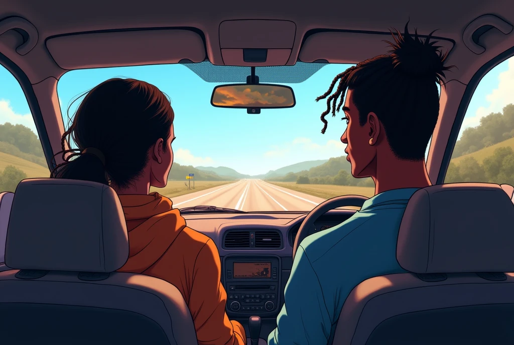 inside of a car with a road on the windshield, with a black male driver with ponytail braided hair and a black female passenger next to him in anime style, back view of the characters