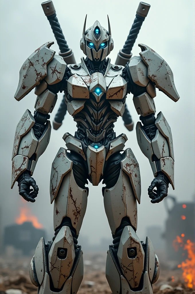 Autobot féminin au métal blanc et gris couvert de rayures et brûlures, making her look terrifying. Ses optiques bleus étaient perçantes et elle avait deux sabres derrière le dos. 