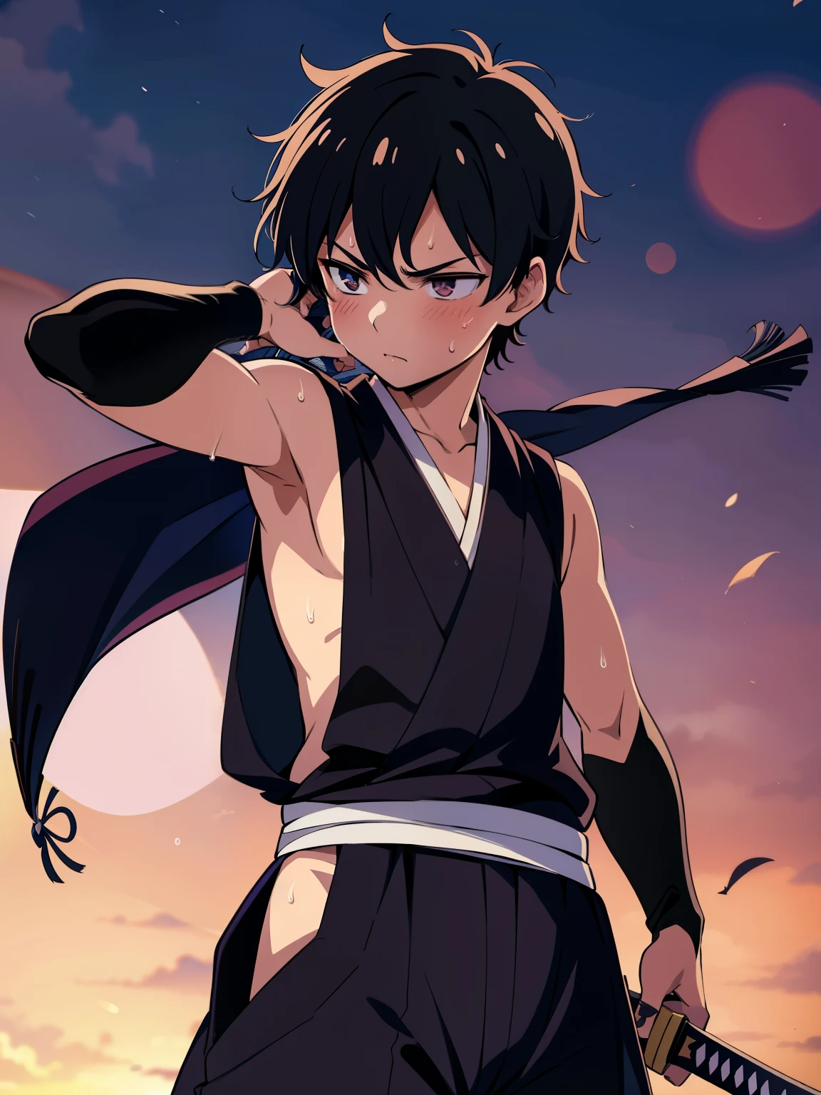 Highres, Masterpiece, Best quality at best,Best Quality,hight quality, hight detailed, anime style, (1boy, Boy, Shota), (Sleeveless half jacket),Obi,short ninja hakama, Ninja scarf fluttering in the wind,hand sword bowing pose, (very young boy), (very small and short body), simple beckground, cute boy, Uhd, bokeh, sweat