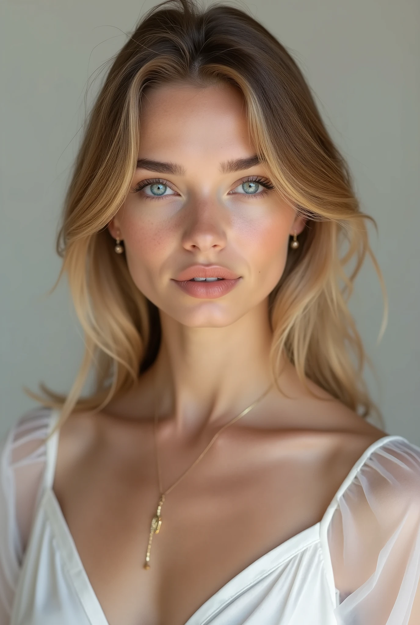 Create a realistic image of a young Swedish woman's face with a striking and elegant appearance. She is of average height and has a slender body., that reflects your active and healthy lifestyle. Her hair is blonde and wavy, falling in soft waves over her shoulders, and his eyes are a deep blue, that captures light in a mesmerizing way.your face is delicate, with well-defined cheekbones and clear, flawless skin, typical of northeastern Europe Sofia has a. refined style, always combining modern and classic pieces with a neutral and sophisticated color palette. She is known for her attention to detail and natural makeup., that enhances your beauty without overwhelming it. like small earrings and thin necklaces, that complement her look without distracting from the harmonious ensemble she creates. Her presence is always serene and confident., reflecting your love for style and well-being