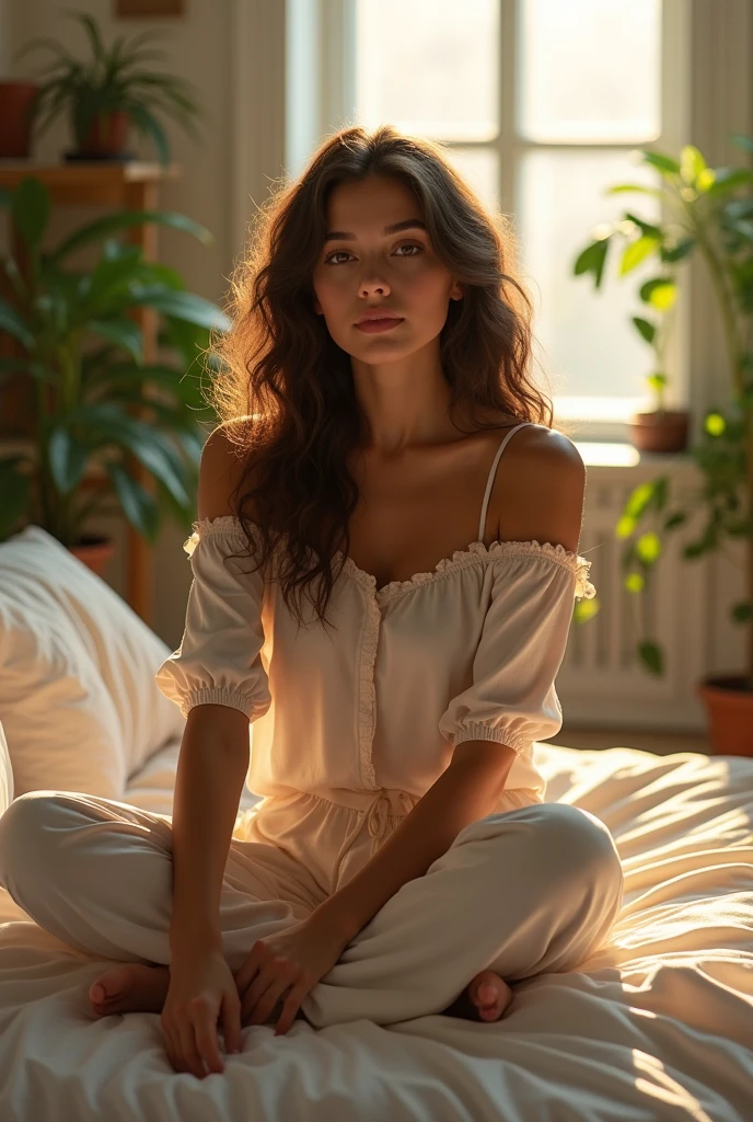 (photorealism:1.2), beautiful woman, sitting on bed, wearing loose off-shoulder top, pajama pants, long curly hair, indoors, soft lighting, plants in background, window with sunlight, cozy room, relaxed pose, realistic, intricate details, warm colors, by Greg Rutkowski, by Alphonse Mucha