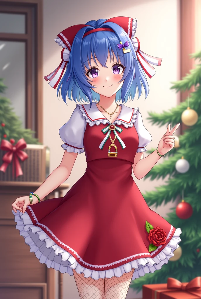 1girl, bangs, blue hair, bow, box, bracelet, christmas, christmas tree, cowboy shot, dress, earrings, fishnets, flower, gift, gift box, hair ornament, hamel, jewelry, looking at viewer, multicolored hair, necklace, pantyhose, parted lips, purple eyes, red dress, ribbon, rose, short hair, smile, solo, thighhighs