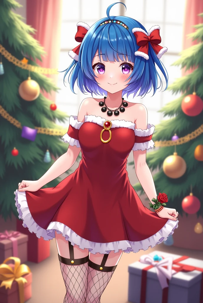 1girl, bangs, blue hair, bow, box, bracelet, christmas, christmas tree, cowboy shot, dress, earrings, fishnets, flower, gift, gift box, hair ornament, hamel, jewelry, looking at viewer, multicolored hair, necklace, pantyhose, parted lips, purple eyes, red dress, ribbon, rose, short hair, smile, solo, thighhighs