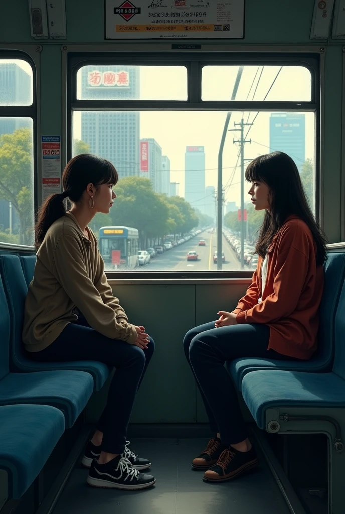 A young foreign woman sits on the bus looking out the window and suddenly meets a friend who had been living in this country for 3 years, but it is the first time they have met. 
