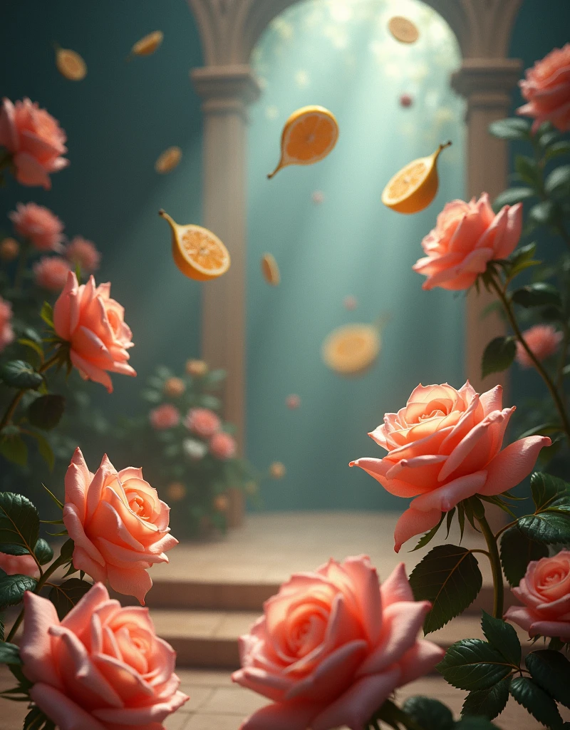 ROSES STAGE, A BERGAMOT AND A PEAR IN THE AIR CUT IN HALF AND SANDALWOOD,