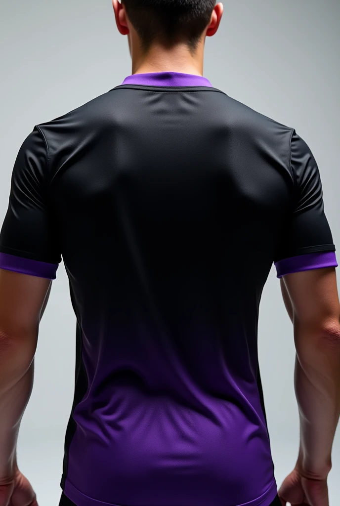 A black team jersey with a purple gradient at the bottom of the jersey, and with the purple collar too. This has great fabric.Show me the back of the same shirt