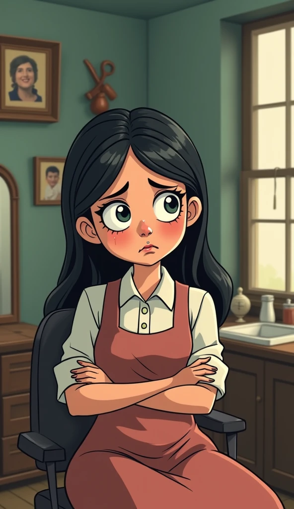 sad cartoon-style female hairdresser,