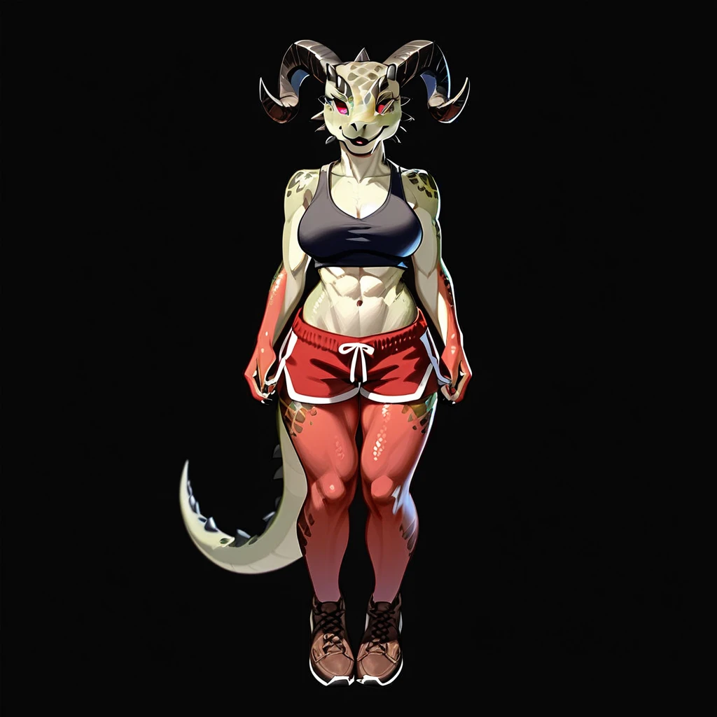 Solo, score_9,score_8_up,score_7_up, kemono style, Anthro Argonian female from skyrim, Anthro reptile girl, snout, red scaled skin, red eyes, black lips, black horns, black ram horns, athletic body, smiling, wearing brown laced tank top, pov, pov she is holding viewers face, pov she is holding viewer, simple grey background 