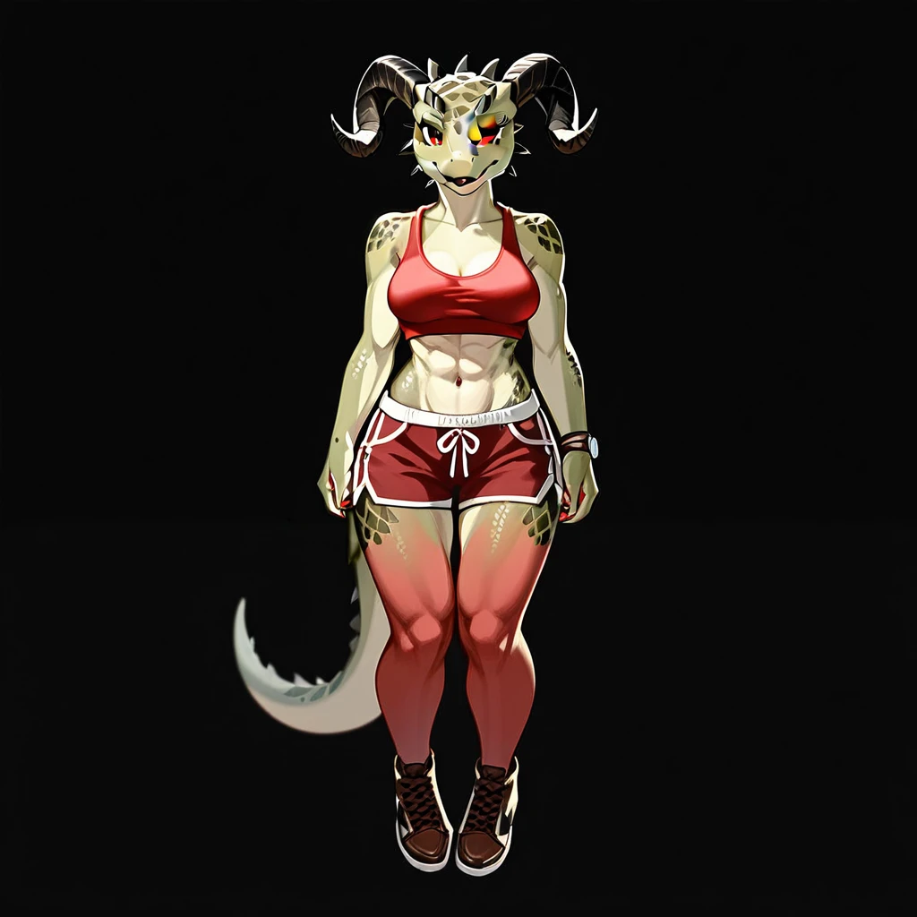 Solo, score_9,score_8_up,score_7_up, kemono style, Anthro Argonian female from skyrim, Anthro reptile girl, snout, red scaled skin, red eyes, black lips, black horns, black ram horns, athletic body, smiling, wearing brown laced tank top, pov, pov she is holding viewers face, pov she is holding viewer, simple grey background
