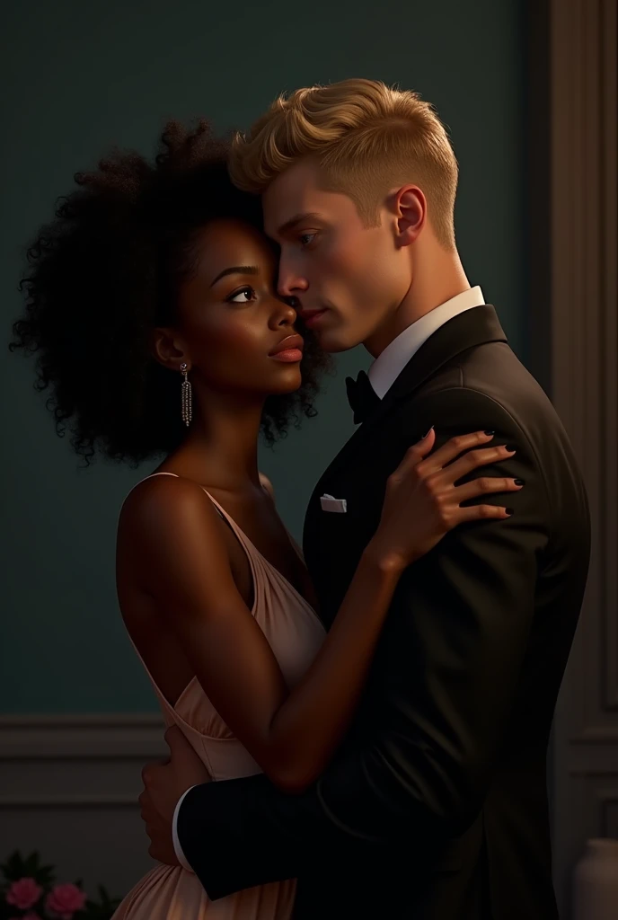 Realistic image of an African American woman with curly Afro hair tenderly hugging a man with blonde hair with blue eyes and muscular body in a black suit , showing love and emotional affection between them, with an atmosphere that reinforces the warmth and intimacy of the moment. In a romantic and dark and passionate atmosphere