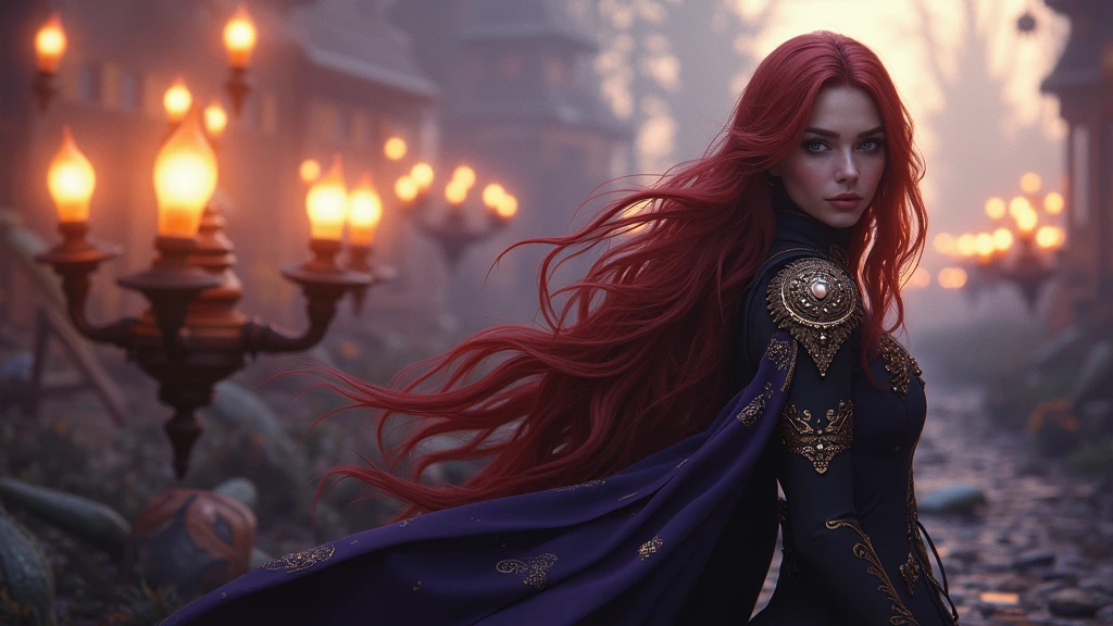 A cinematic, hyper-detailed, and photorealistic 3D render of a fantasy setting. A sensual woman with red hair and vibrant eyes and lips is the main focus. She is wearing intricate, detailed clothing with gold and red tones. The background reveals a dramatic lighting with mountains, trees, and a bridge. The overall image has vibrant colors and is a masterpiece.