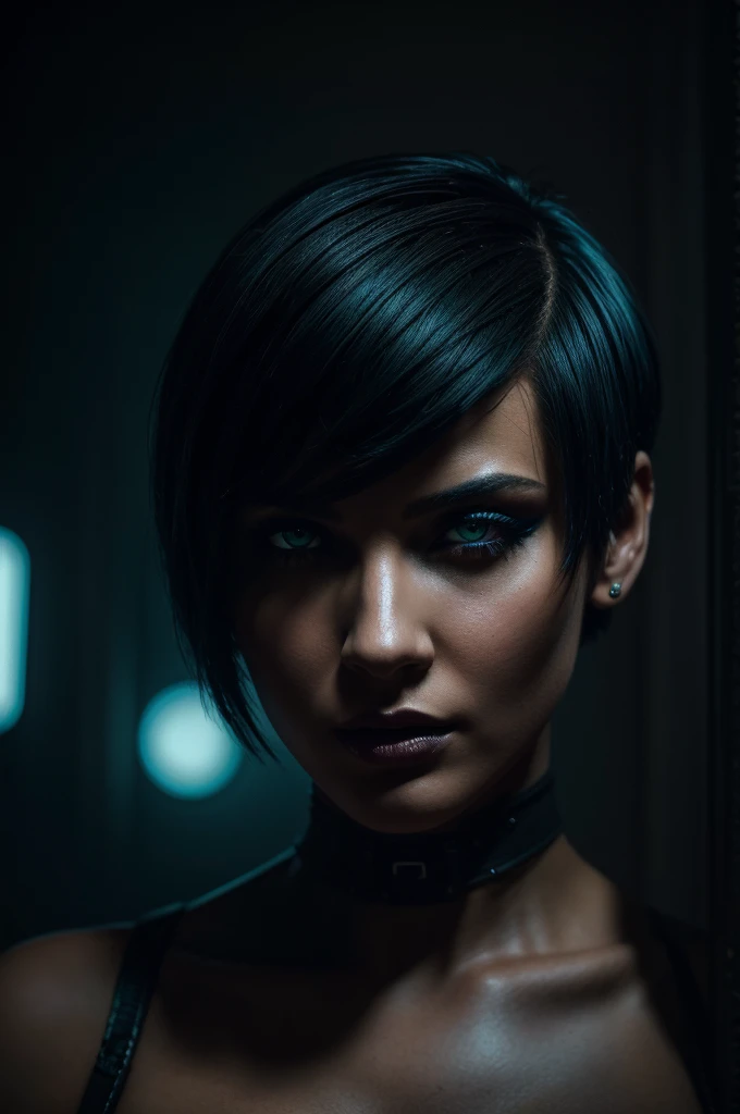 The badass dystopian warrior, mature woman, strong body, (blue eyes:1.1), black hair,, battle scar's,dark atmosphere,(snoopy breast:1.0), massive perfect breast,,(muscular body:0.5), undercut hairstyles,,shot hair, naked breast, (realistic skin texture:1.2),4k, (cinematic photography:1.0),,(head and breast closeup)