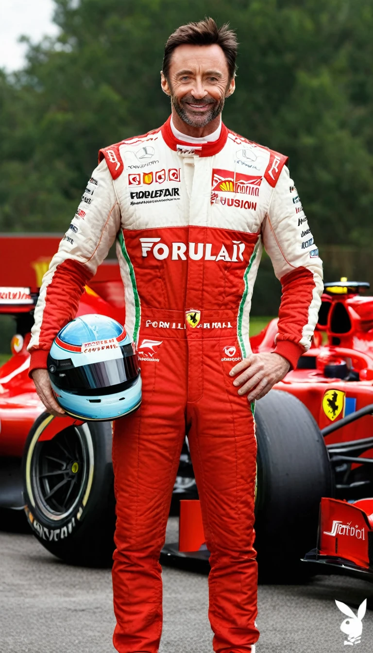 "Hugh Jackman confidently poses for a photo, wearing a Formula One racing suit. He stands with an elegant posture. The lighting highlights his natural beauty, with a radiant smile and a relaxed demeanor. He stands in front of a Ferrari Formula One car, holding his helmet in his hand in a professional manner, adding a dynamic and avant-garde element to the scene, emphasizing the fusion of Formula One style and car culture."