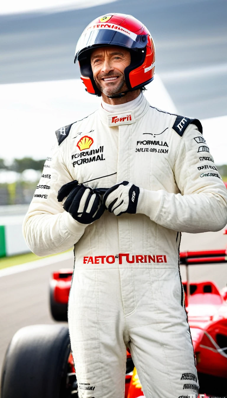 "Hugh Jackman confidently poses for a photo, wearing a Formula One racing suit. He stands with an elegant posture. The lighting highlights his natural beauty, with a radiant smile and a relaxed demeanor. He stands in front of a Ferrari Formula One car, holding his helmet in his hand in a professional manner, adding a dynamic and avant-garde element to the scene, emphasizing the fusion of Formula One style and car culture."